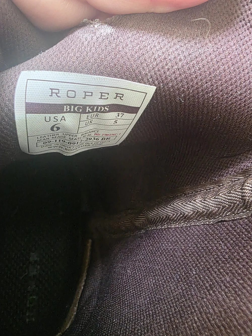 Roper Big Kids Burgundy Fabric-Lined Boot Interior